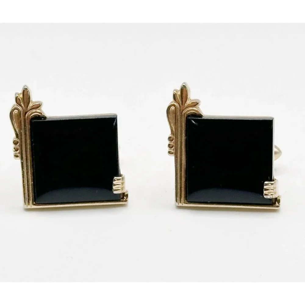 Swank Art Deco Black Cabochon Square‎ Cufflinks